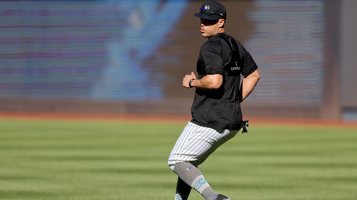 New York Yankees injured designated hitter Giancarlo Stanton works out before a game against the Texas Rangers at Yankee Stadium.