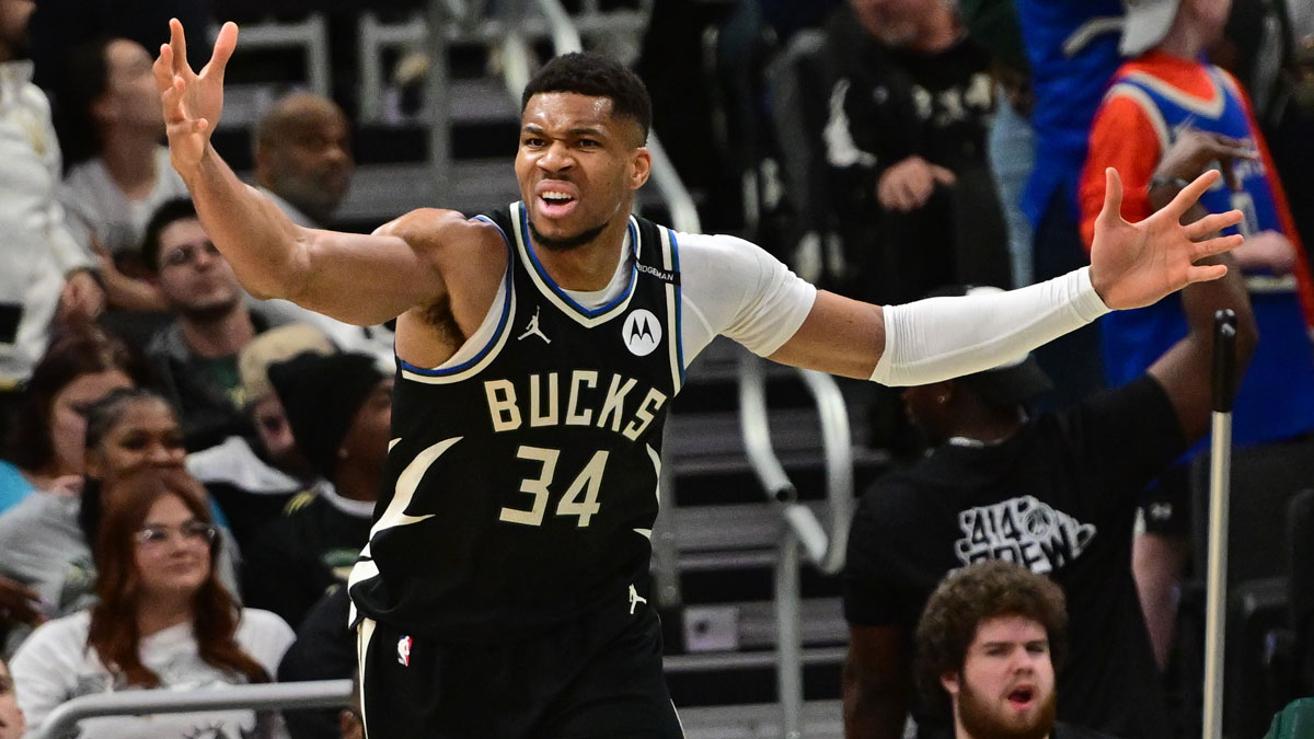 Milwaukee Bucks forward Giannis Antetokounmpo (34) reacts in the second quarter against the New Orleans Pelicans at Fiserv Forum.