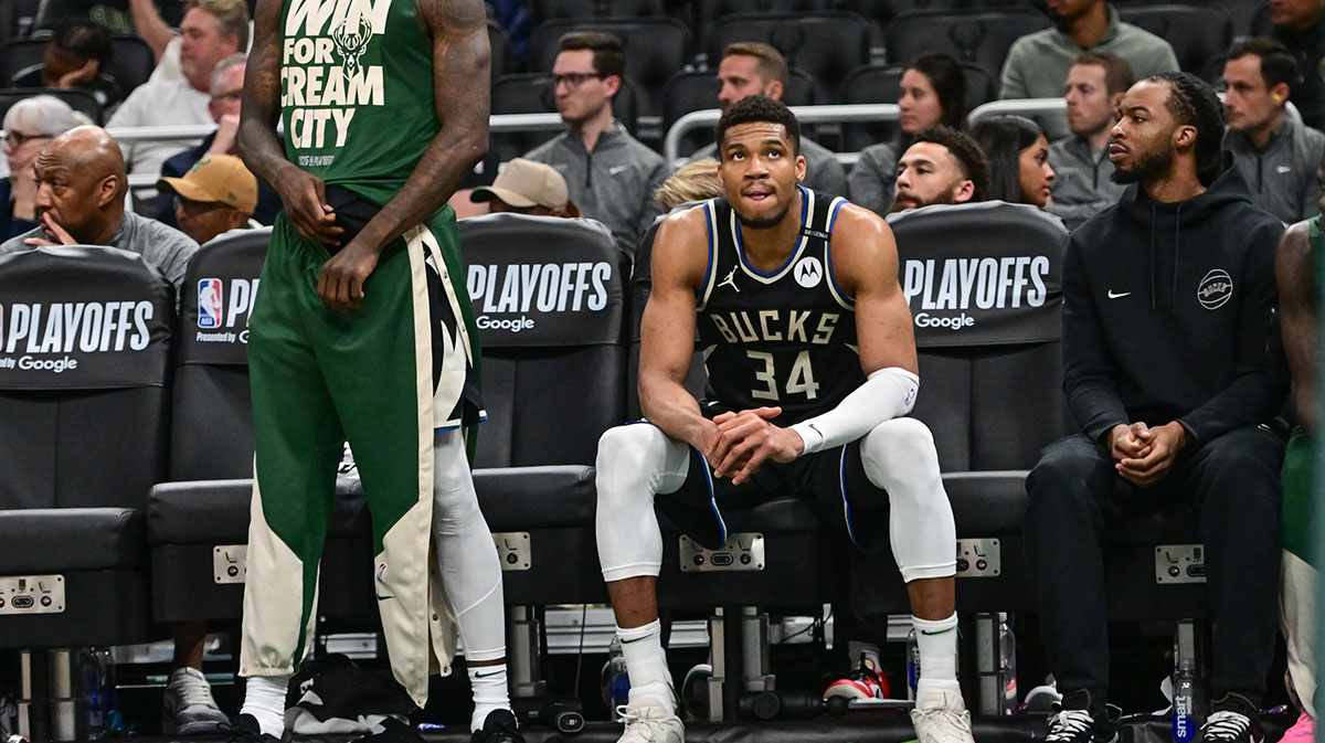 Milwaukee Bucks forward Giannis Antetokounmpo (34) looks on in the final seconds of the game against the Indiana Pacers during game four of first round for the 2024 NBA Playoffs at Fiserv Forum.