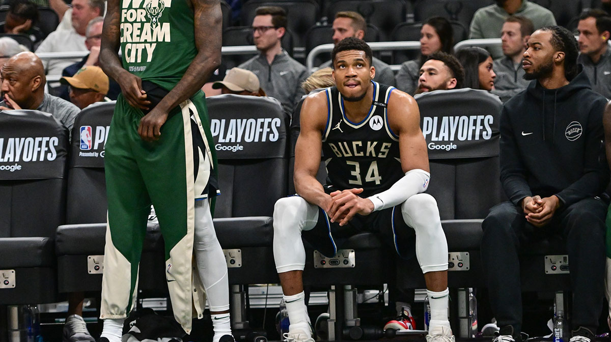 Milwaukee Bucks forward Giannis Antetokounmpo (34) exits the game in the fourth quarter as head coach Doc Rivers shakes his hand during game four against the Indiana Pacers of first round for the 2024 NBA Playoffs at Fiserv Forum.