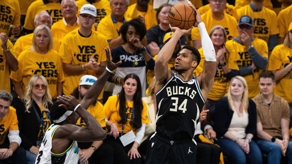 Milwaukee Bucks forward Giannis Antetokounmpo (34) shoots the ball while Indiana Pacers forward Pascal Siakam (43) defends during game five of the first round for the 2024 NBA Playoffs at Gainbridge Fieldhouse.