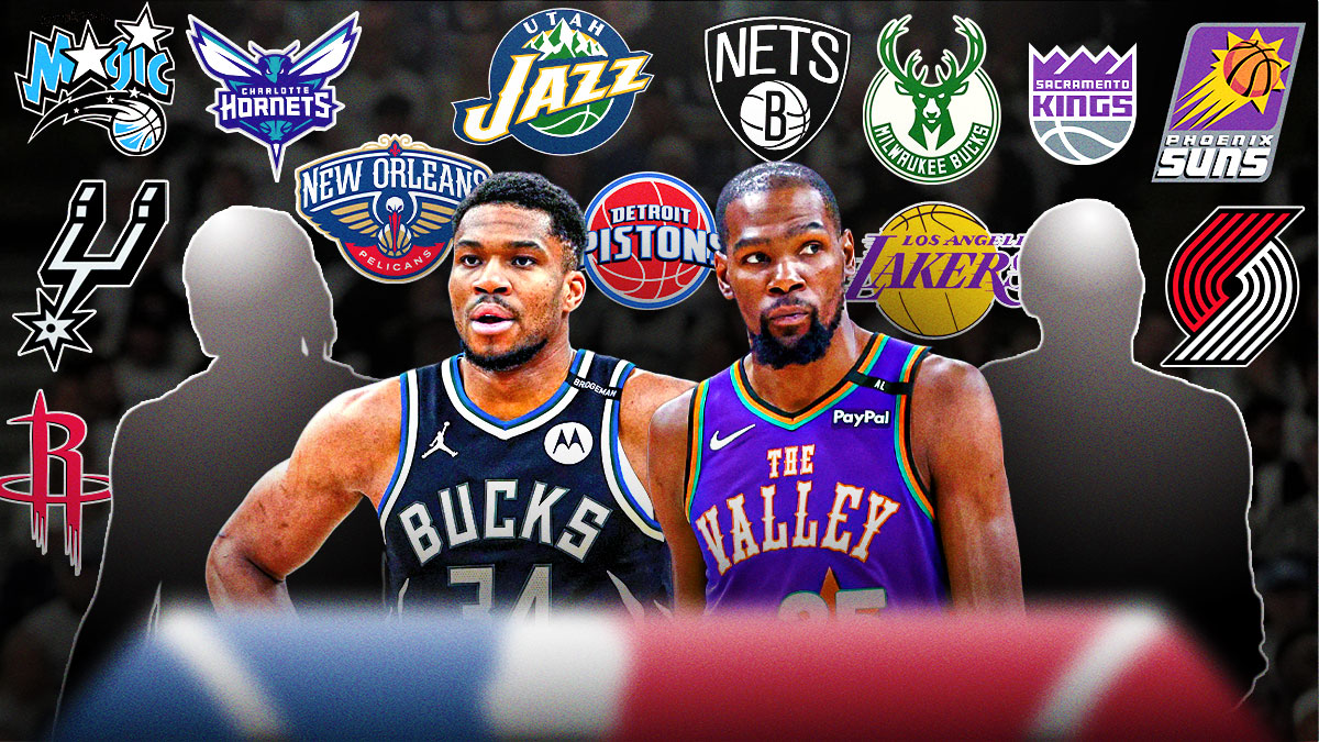 Bucks' Giannis Antetokounmpo and Suns' Kevin Durant in trade talks with team logos around them