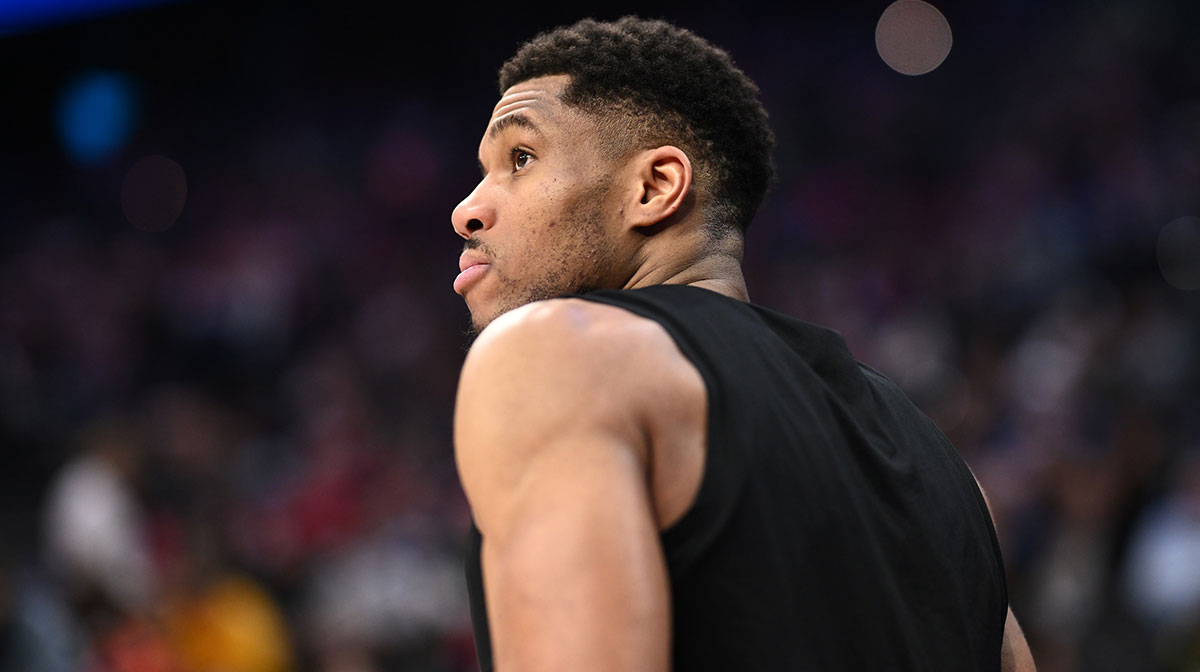 Milwaukee Bucks forward Giannis Antetokounmpo (34) looks on before the third quarter against the Philadelphia 76ers at Wells Fargo Center.