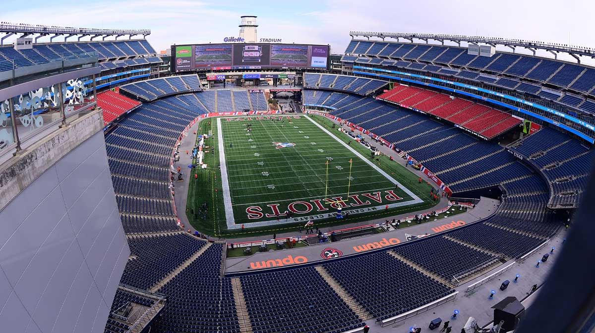 A general overview of the game field with the Pat Patriot throwback logo at Gillette Stadium prior to a game against the Indianapolis Colts.