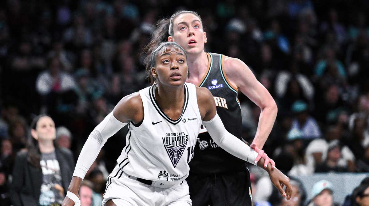 Golden State Valkyries center Temi Fagbenle (14) boxes out against New York Liberty forward Breanna Stewart (30) during the second half at Barclays Center.