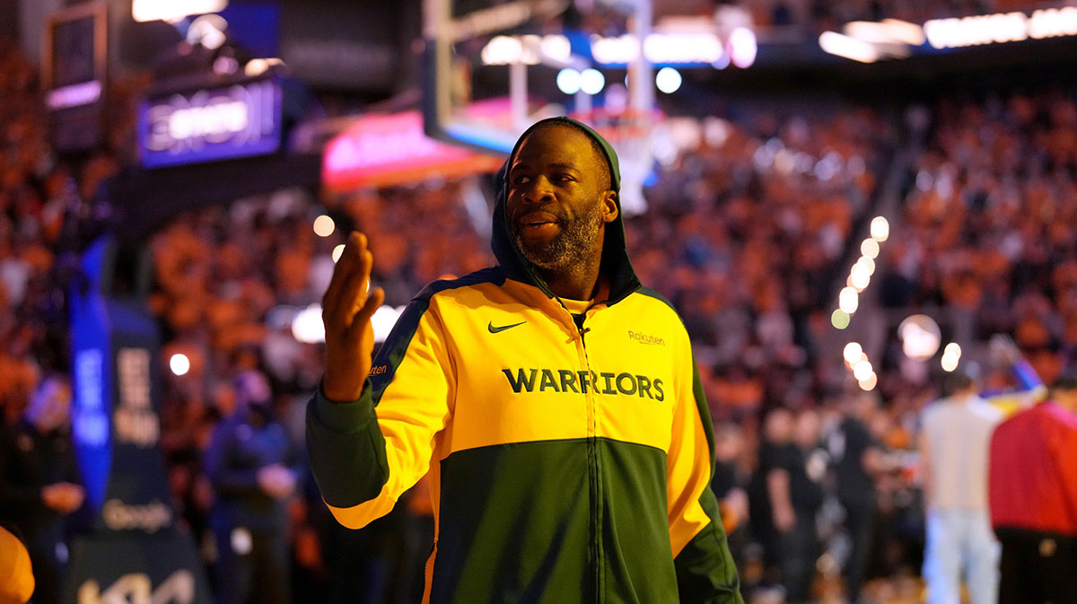 Golden State Warriors forward Draymond Green (23) blows a kiss towards the crowd before the start of the game against the Minnesota Timberwolves during game four of the second round for the 2025 NBA Playoffs at Chase Center.