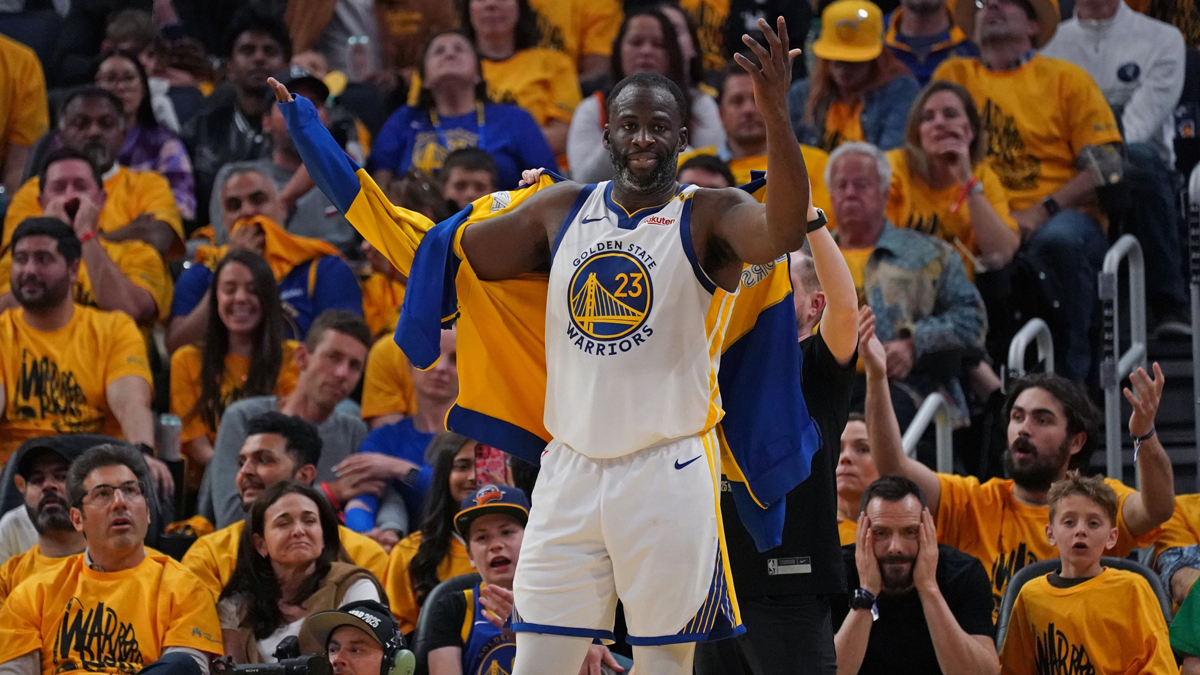 Golden State Warriors forward Draymond Green (23) reacts after his sixth foul against the Minnesota Timberwolves in the fourth quarter during game three in the second round for the 2025 NBA Playoffs at Chase Center.
