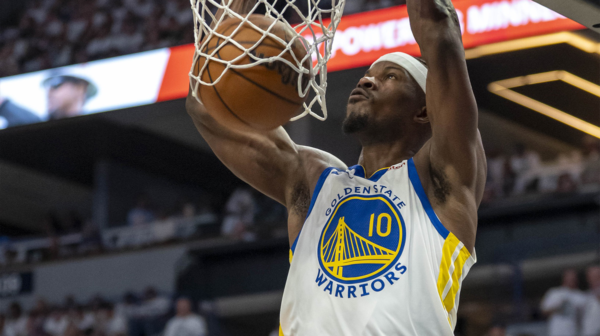 Golden State Warriors forward Jimmy Butler III (10) dunks the ball against the Minnesota Timberwolves in the second half during game five of the second round for the 2025 NBA Playoffs at Target Center.
