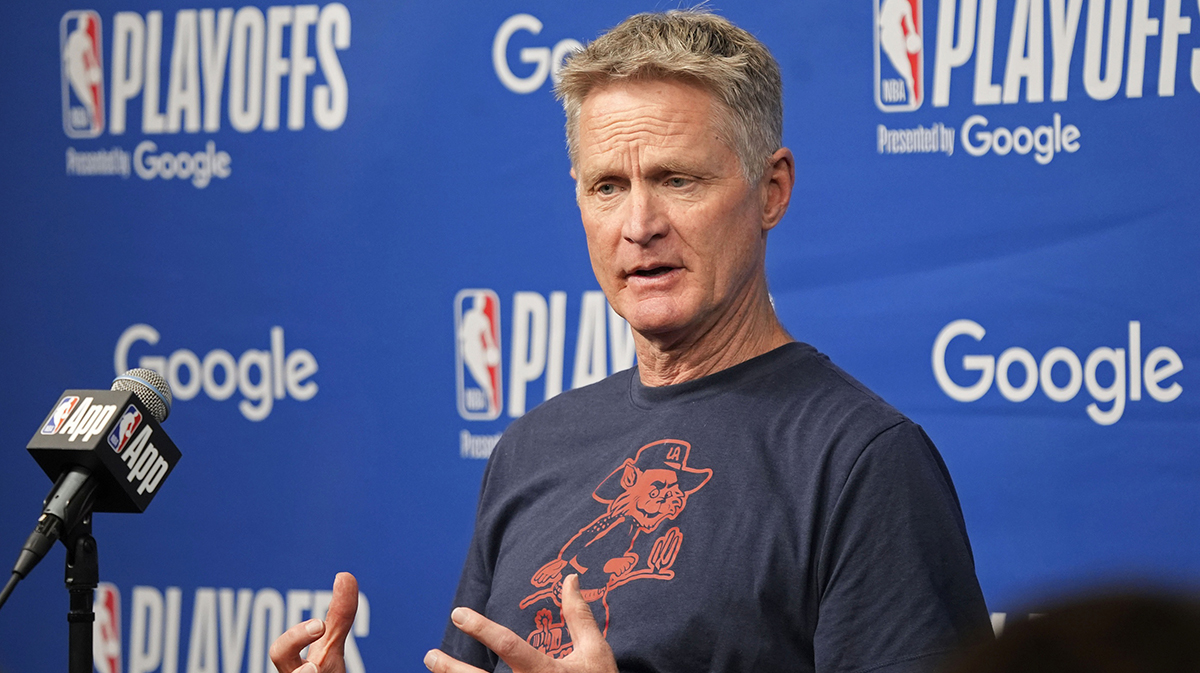 Golden State Warriors head coach Steve Kerr answers questions at a press conference before game one of the second round for the 2025 NBA Playoffs against the Minnesota Timberwolves at Target Center.