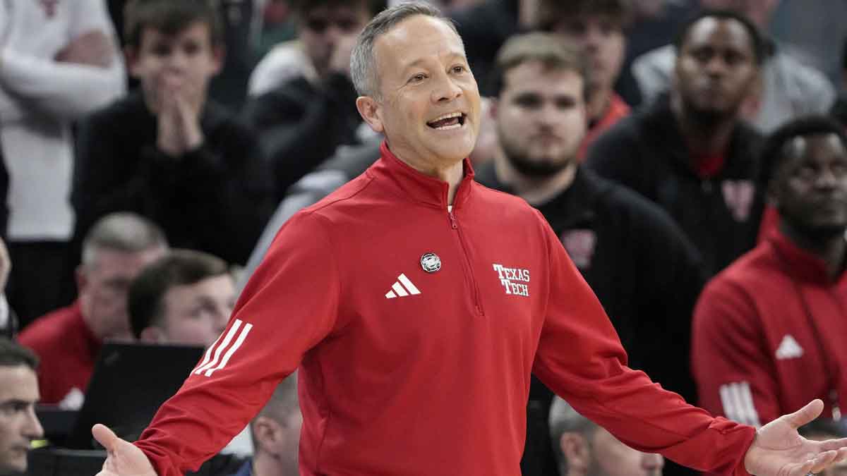 Texas Tech Red Raiders head coach Grant McCasland stands on the sidelines during the second half against the Florida Gators during the West Regional final of the 2025 NCAA tournament at Chase Center.