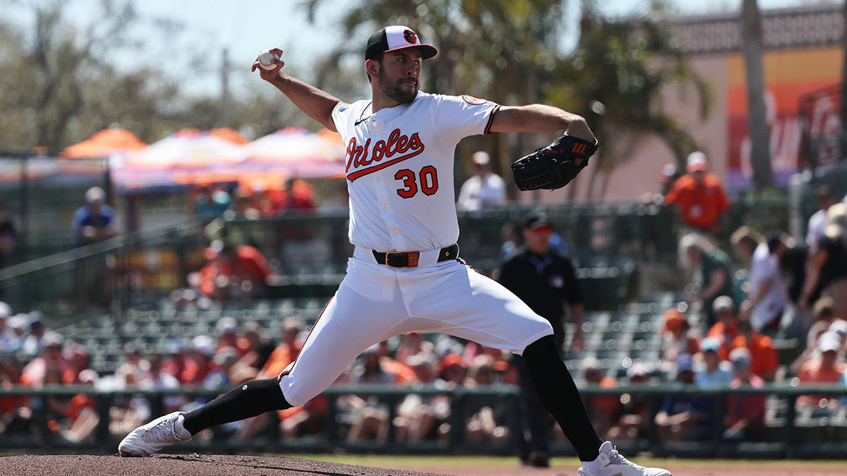 Baltimore Orioles starting pitcher Grayson Rodriguez (30) throws a pitch during the first inning against the Toronto Blue Jays at Ed Smith Stadium.