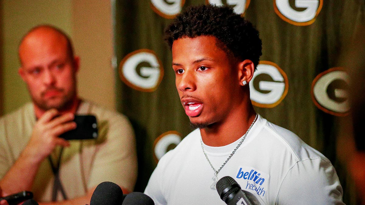 Green Bay Packers wide receiver Matthew Golden is interviewed by the media during rookie minicamp on Friday, May 2, 2025, at Lambeau Field in Green Bay, Wisconsin. The Packers selected Golden with their first round pick in the 2025 NFL Draft.