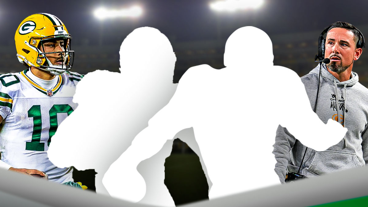 Two mystery players in the middle, Jordan Love and coach Matt LaFleur around them, Green Bay Packers wallpaper in the background