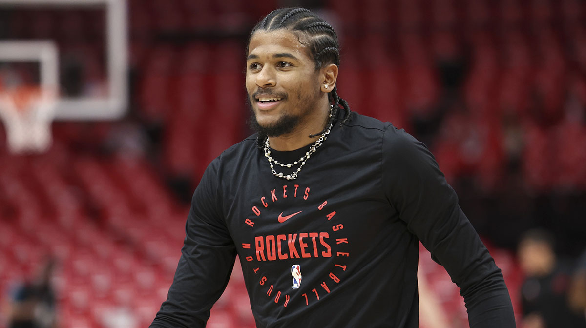 Houston Rockets guard Jalen Green (4) on the court before game seven of first round for the 2025 NBA Playoffs against the Golden State Warriors at Toyota Center