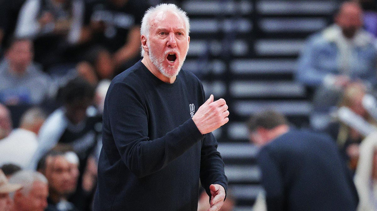 San Antonio Spurs head coach Gregg Popovich reacts to a play against the Utah Jazz during the third quarter at Delta Center.