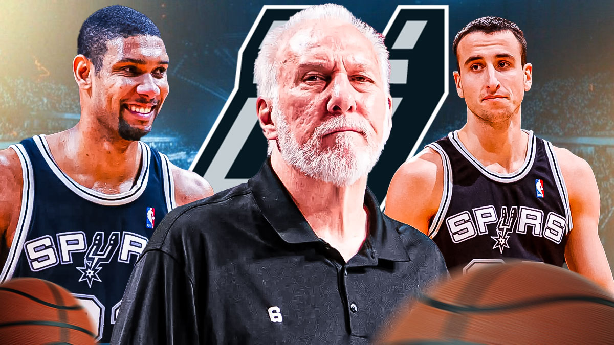 Gregg Popovich image looking gratified in the forefront, Tim Duncan and Manu Ginobili images in the background, Spurs logo