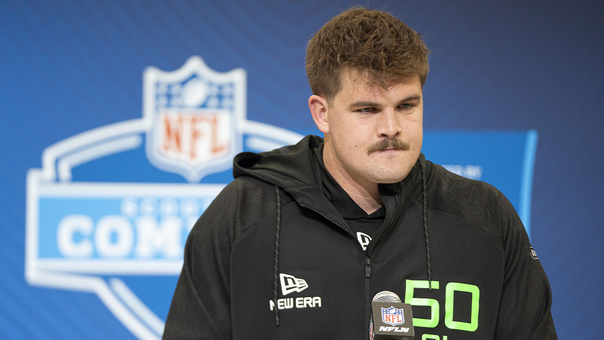 Mar 1, 2025; Indianapolis, IN, USA; North Dakota State University offensive lineman Grey Zabel (OL50) answers questions at a press conference during the 2025 NFL Combine at Indiana Convention Center. Mandatory Credit: Jacob Musselman-Imagn Images