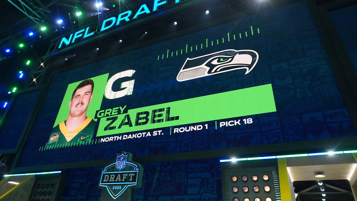 Apr 24, 2025; Green Bay, WI, USA; North Dakota State guard Grey Zabel is selected as the No. 18 pick by the Seattle Seahawks during the NFL Draft at Lambeau Field.