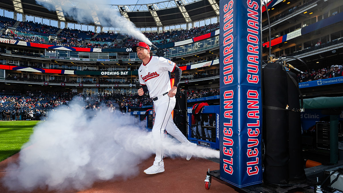 Cleveland Guardians pitcher Shane Bieber is introduced before the home opening game between the Guardians and the Chicago White Sox at Progressive Field.