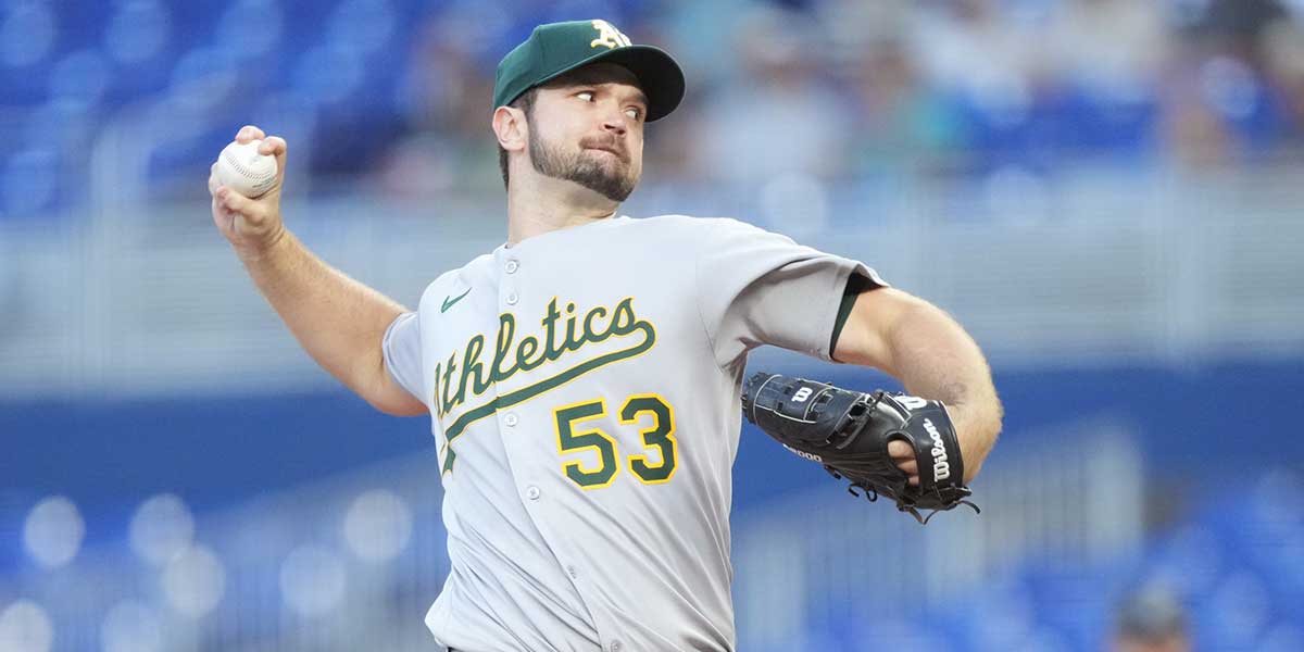 Oakland Athletics pitcher Gunnar Hoglund (53) pitches in the first inning against the Miami Marlins at loanDepot Park.