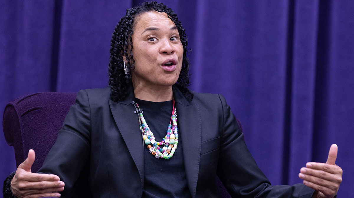 University of South Carolina women's basketball coach Dawn Staley answers a question by moderator Dan Hughes during the University of Mount Union's Schooler Lecture speaker series on April 23, 2025, in Alliance, Ohio Mandatory Credit: © Kevin Whitlock / Massillon Independent / USA TODAY NETWORK via Imagn Images