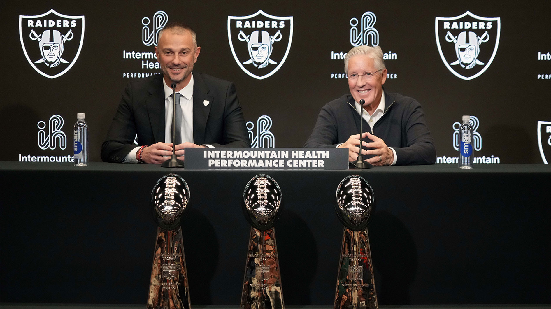 Las Vegas Raiders general manager John Spytek (left) and coach Pete Carroll at press conference at Intermountain Health Performance Center.