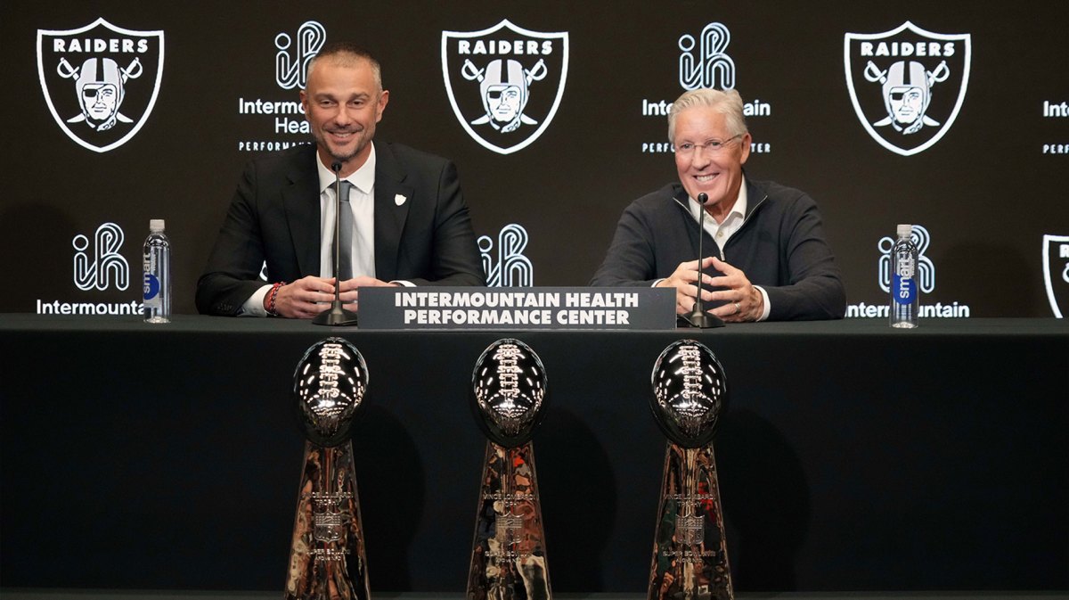 Las Vegas Raiders general manager John Spytek (left) and coach Pete Carroll at press conference at Intermountain Health Performance Center.