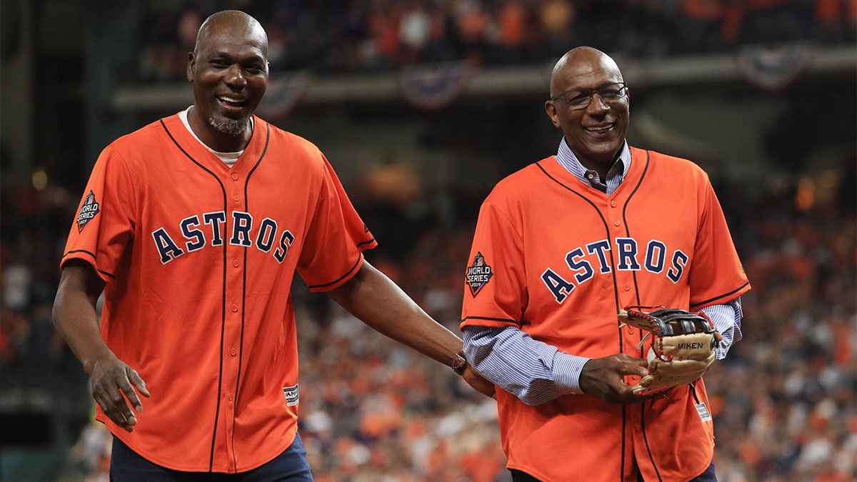 Hakeem Olajuwon (left) and Clyde Drexler (right) before game six of the 2019 World Series between the Houston Astros and the Washington Nationals at Minute Maid Park.