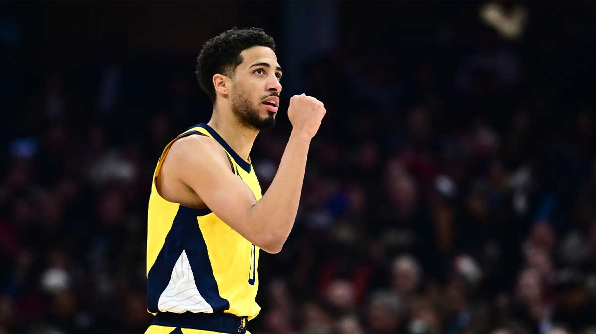 Indiana Pacers guard Tyrese Haliburton (0) celebrates after hitting a three point basket during the first half against the Cleveland Cavaliers in game five of the second round for the 2025 NBA Playoffs at Rocket Arena.