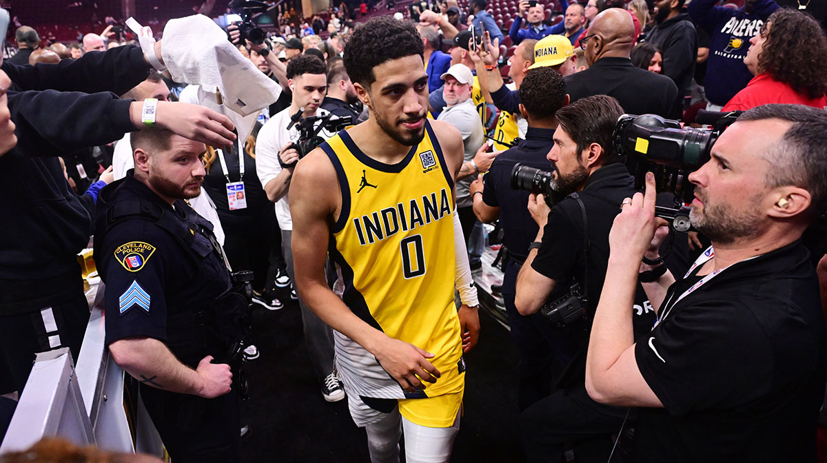 Indiana Pacers guard Tyrese Haliburton (0) walks off the court after game five of the second round for the 2025 NBA Playoffs at Rocket Arena.