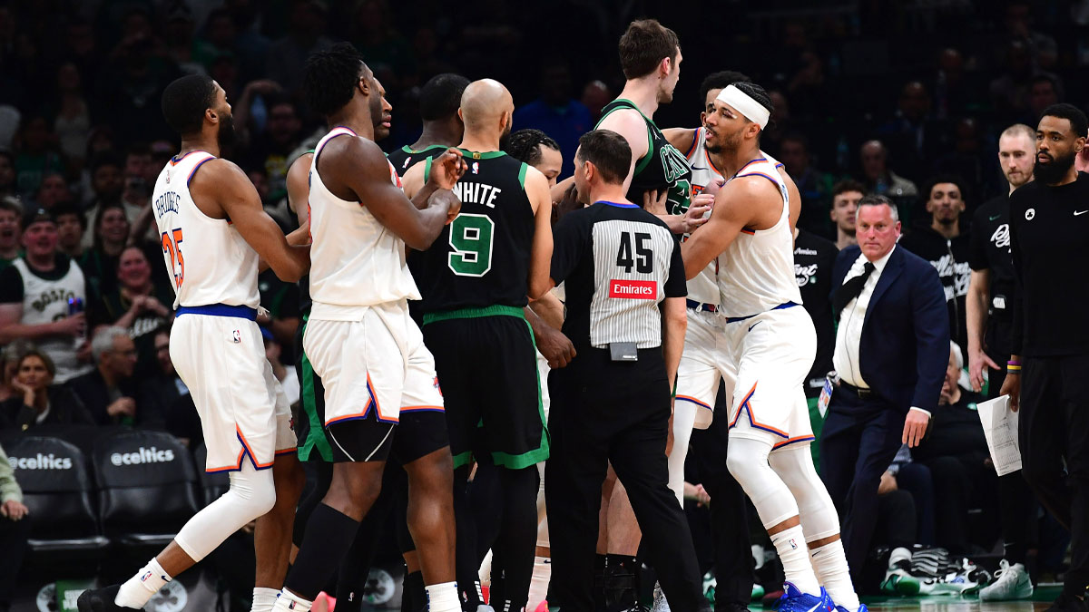 New York Knicks guard Josh Hart (3) has words with Boston Celtics guard Jaylen Brown (7) in the second half during game five of the second round for the 2025 NBA Playoffs at TD Garden.