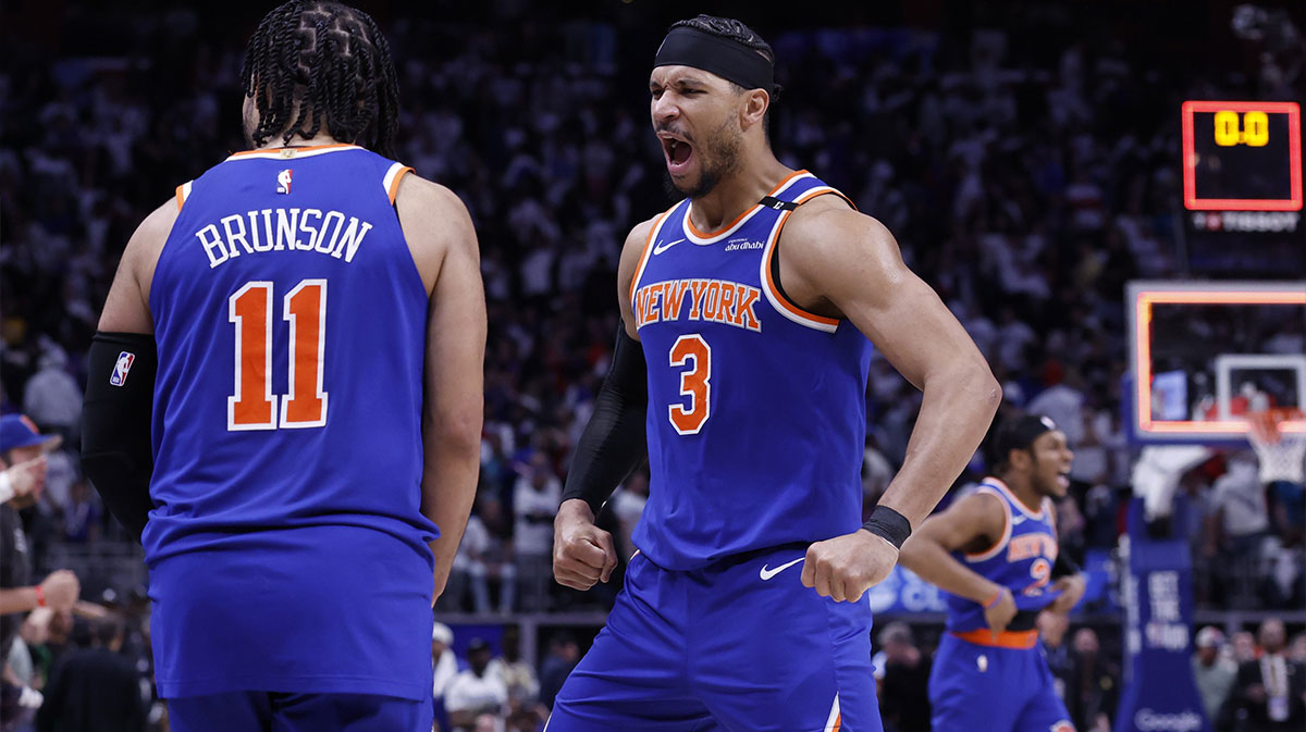 New York Knicks guard Jalen Brunson (11) and guard Josh Hart (3) celebrate after defeating the Detroit Pistons during game six of first round for the 2024 NBA Playoffs at Little Caesars Arena.