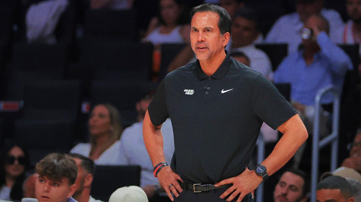 Heat head coach Erik Spoelstra looks on from the sideline against the Cleveland Cavaliers in the second quarter during game four for the first round of the 2025 NBA Playoffs at Kaseya Center