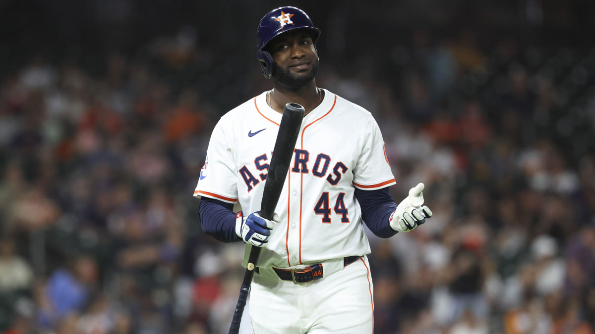 Houston Astros designated hitter Yordan Alvarez (44) reacts after flying out during the sixth inning against the Detroit Tigers at Daikin Park. Rays