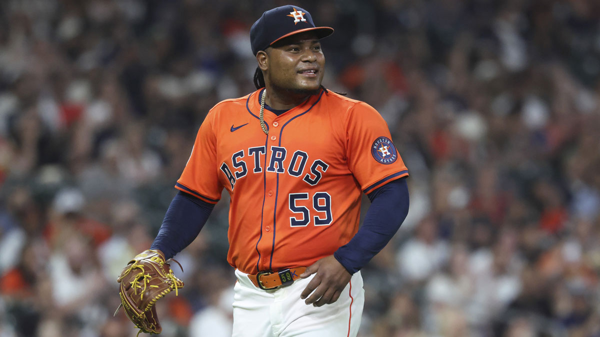 Houston Astros starting pitcher Framber Valdez (59) walks off the field after pitching during the fifth inning against the Tampa Bay Rays at Daikin Park.