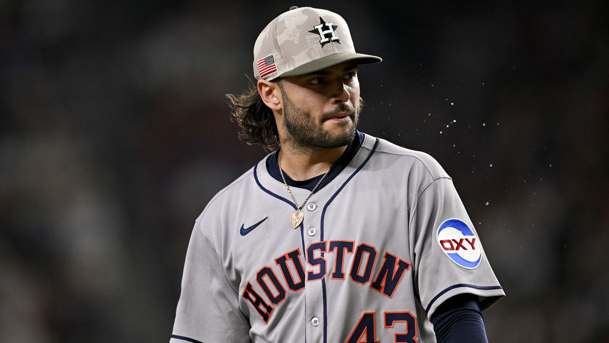 May 16, 2025; Arlington, Texas, USA; Houston Astros starting pitcher Lance McCullers Jr. (43) comes off the field after pitching against the Texas Rangers during the fourth inning at Globe Life Field. Mandatory Credit: Jerome Miron-Imagn Images