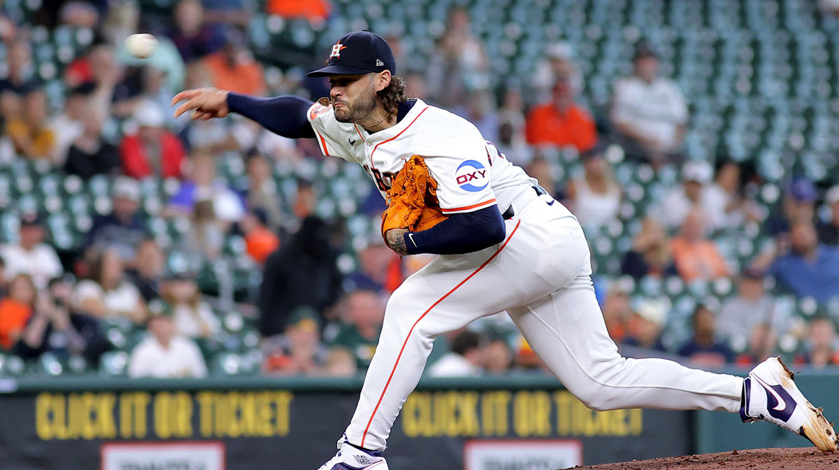 Houston Astros starting pitcher Lance McCullers Jr. (43) delivers a pitch against the Athletics during the fourth inning at Daikin Park.