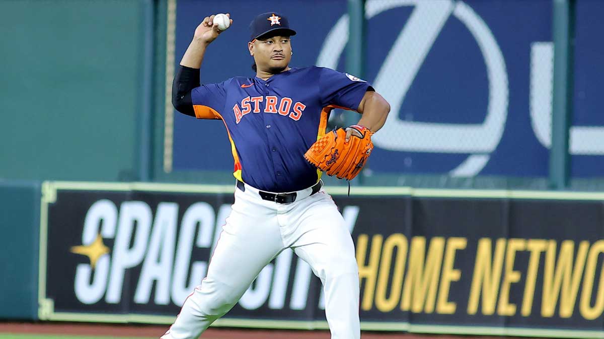 Houston Astros pitcher Luis Garcia (77) works out prior to the game against the Athletics at Daikin Park.