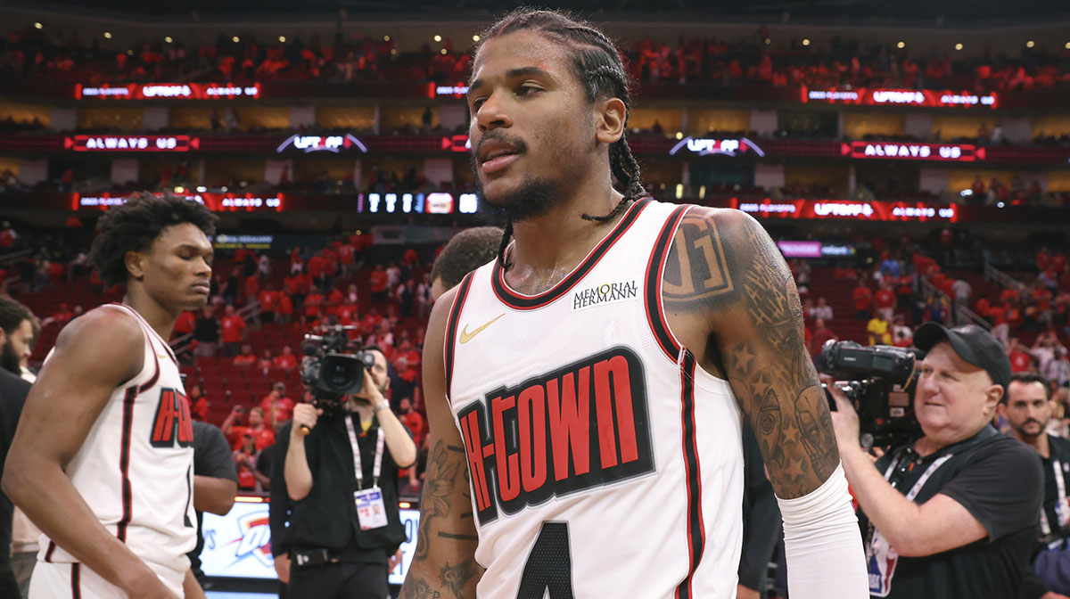 Houston Rockets guard Jalen Green (4) walks off the court after game seven of the first round for the 2025 NBA Playoffs against the Golden State Warriors at Toyota Center.