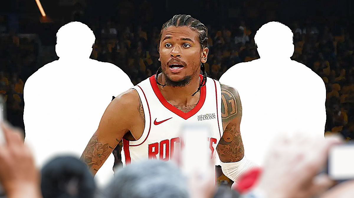Jalen Green in the middle, silhouettes of basketball players on both sides of him