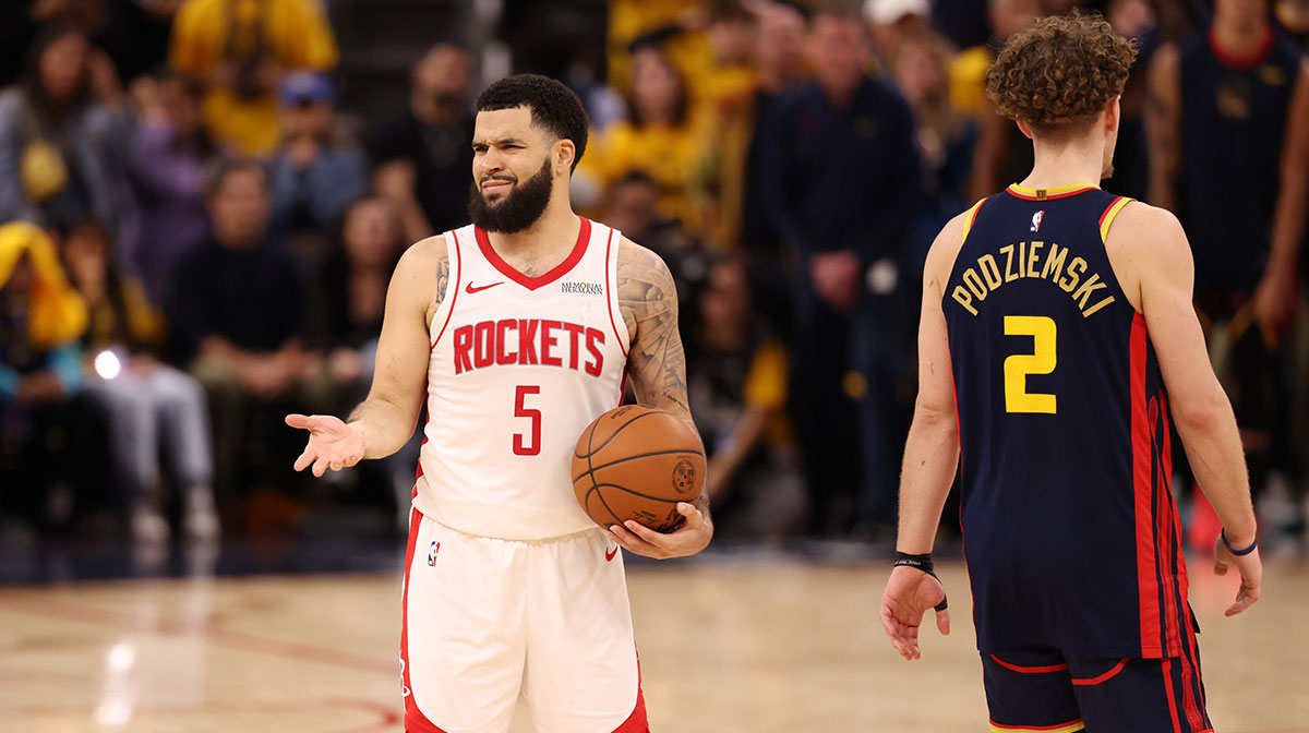 Houston Rockets guard Fred VanVleet (5) questions the call after a play against Golden State Warriors guard Brandin Podziemski (2) during the fourth quarter of game four of the 2025 NBA Playoffs first round at Chase Center.