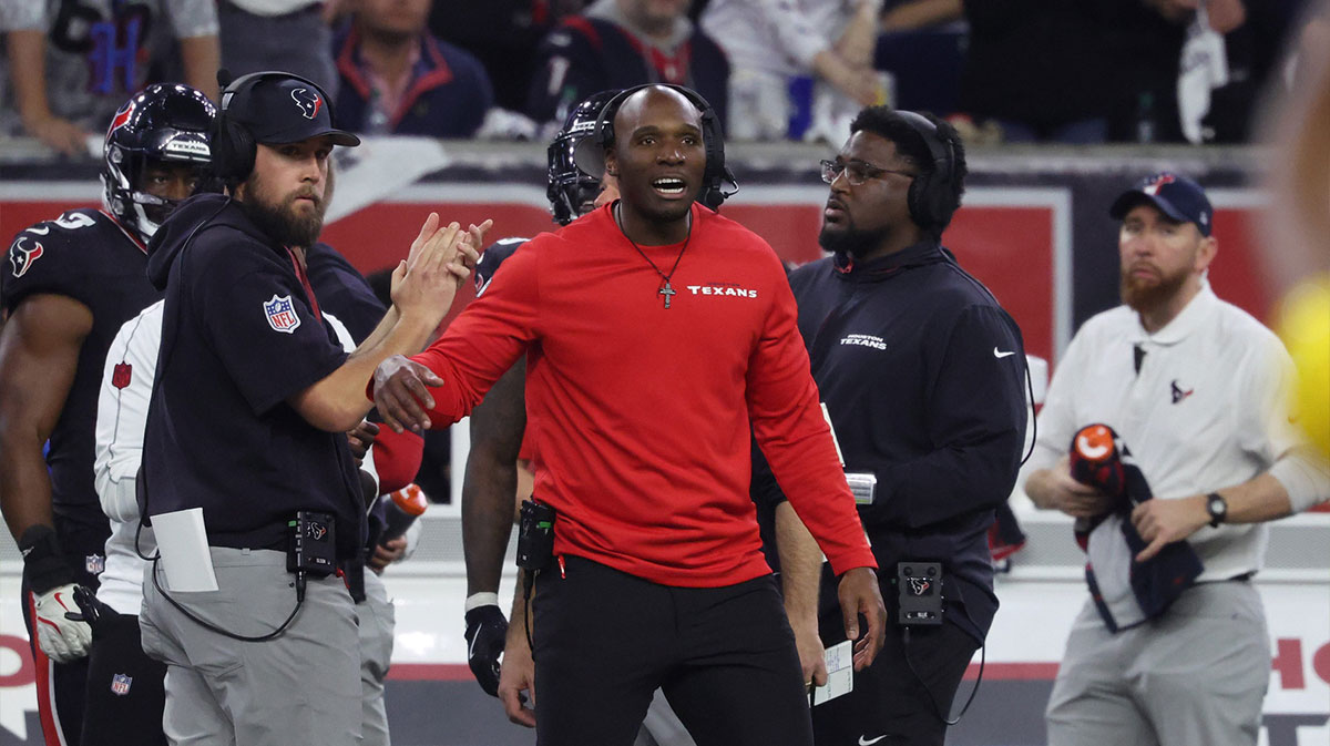Houston Texans head coach Demeco Ryans looks on during the third quarter against the Los Angeles Chargers in an AFC wild card game at NRG Stadium.