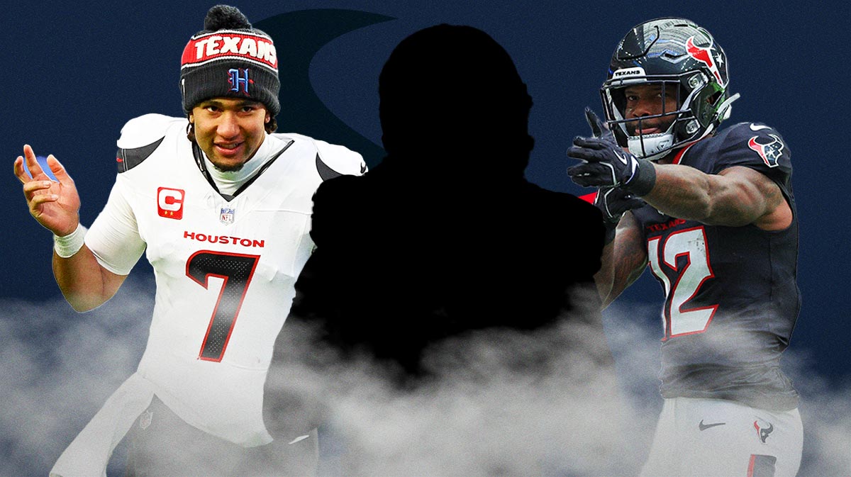 Mystery player in the middle, CJ Stroud and Nico Collins around him, Texans logo in the background