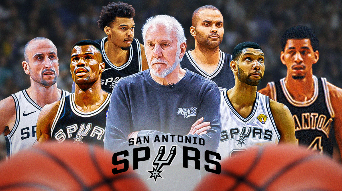 Gregg Popovich image in forefront, in the background: images of Tim Duncan, David Robinson, George Gervin, Manu Ginobili, Tony Parker and Victor Wembanyama (all in their playing uniforms if possible); Spurs logo where you see fit considering all the images