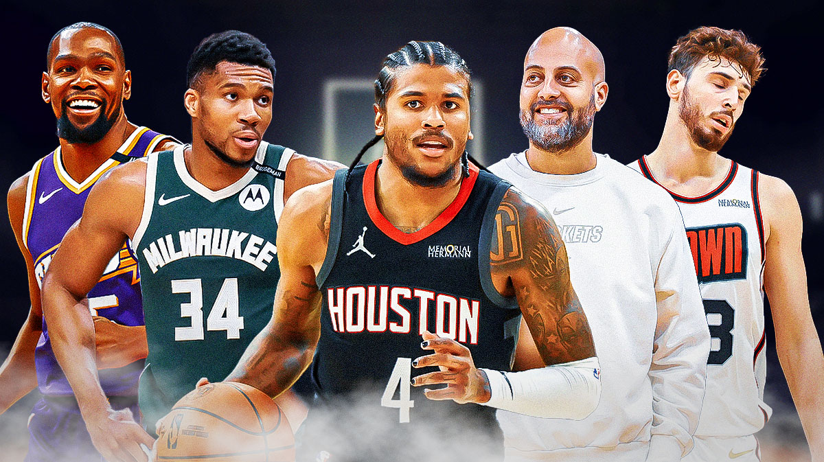 Rockets' JAlen Green next to Rafael Stone, Alperen Sengun, Giannis Antetokounmpo, and Kevin Durant