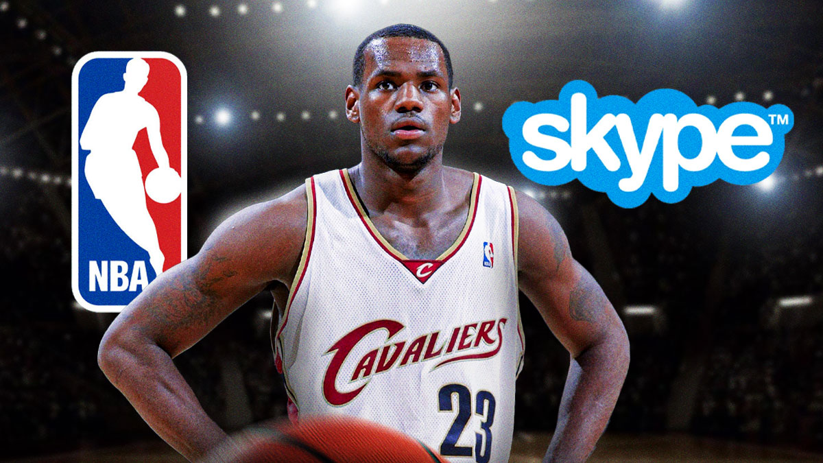Collage of pics - LeBron James as a rookie, NBA logo, and the original logo for the computer program Skype