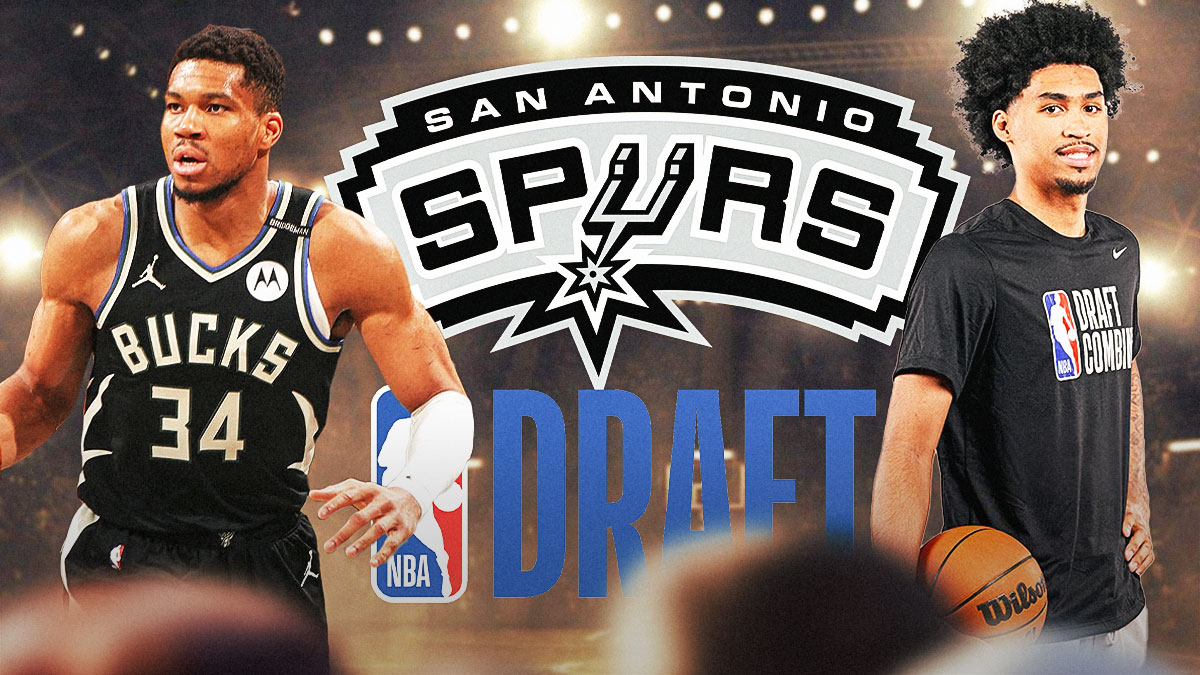 Giannis Antetokounmpo image, Spurs logo, Dylan Harper image in background, NBA Draft logo in background