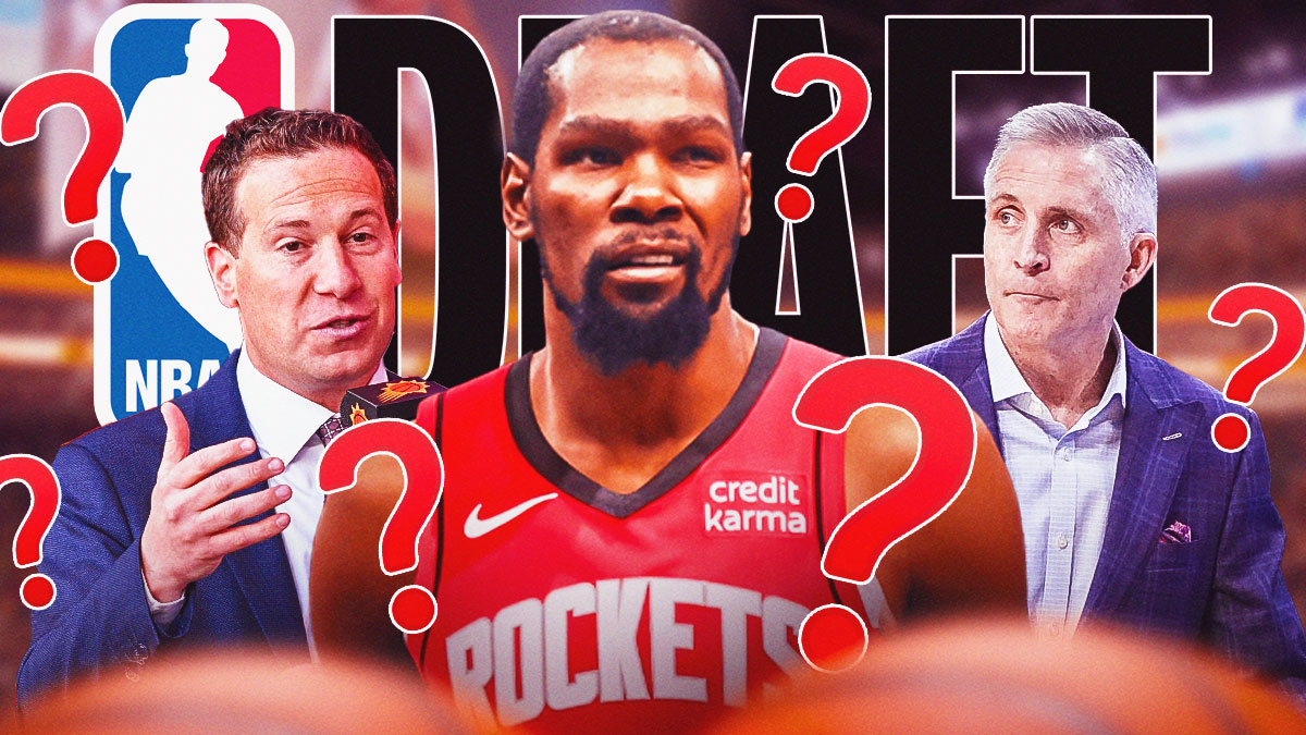 Kevin Durant in a Houston Rockets jersey. There's also a background of the NBA Draft logo. In addition, Phoenix Suns owner Mat Ishbia and general manager Brian Gregory are next to Durant with question marks around them.