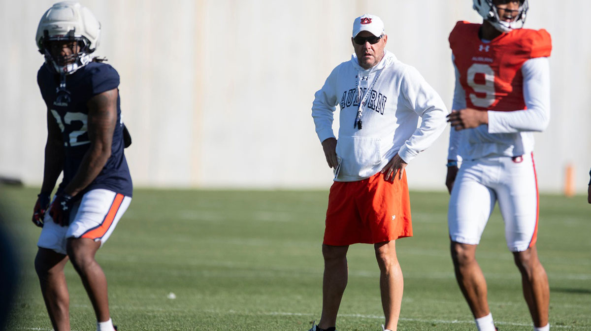 Auburn Tigers head coach Hugh Freeze watches on during football practice at Woltosz Football Performance Center