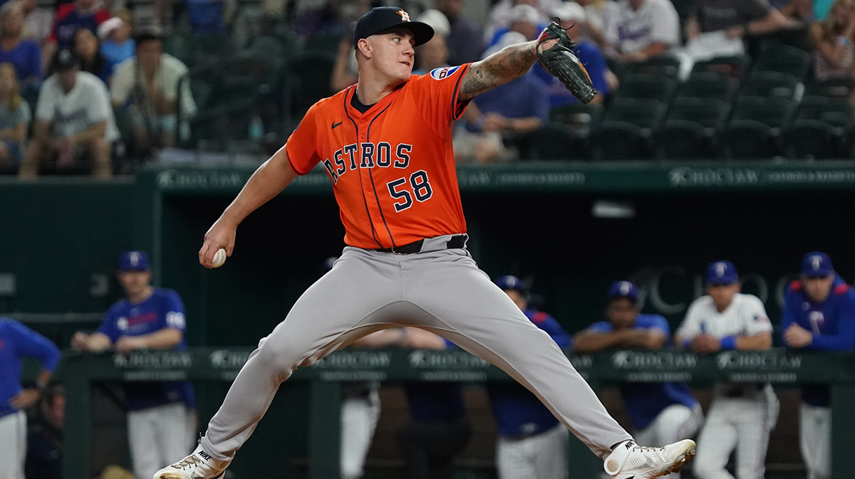 Houston Astros pitcher Hunter Brown (58) throws to the plate during the first inning against the Texas Rangers at Globe Life Field
